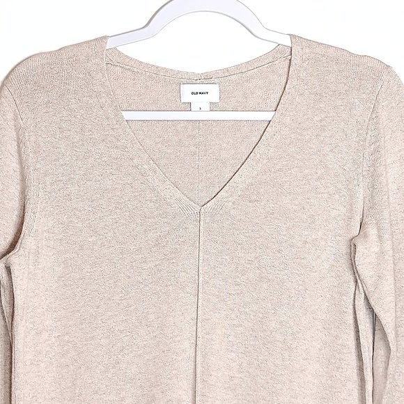 Old Navy Pullover Sweater Womens Small Beige Ribbed Trim V-Neck Lagenlook Preppy - Picture 2 of 5